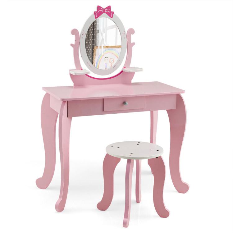 Toddler & Kids Room |  Kid Vanity Table Stool Set with Oval Rotatable Mirror Pink Furniture Pink