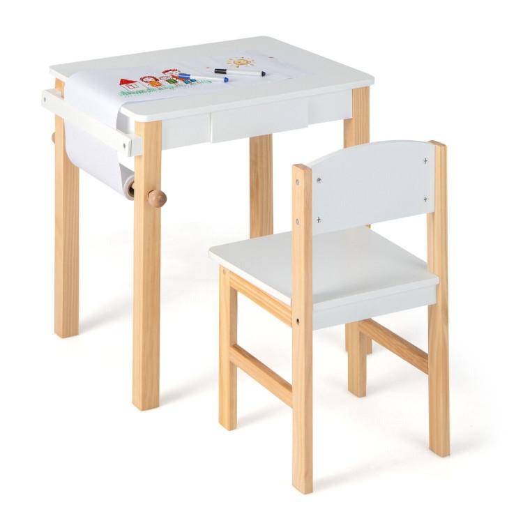 Toddler & Kids Room |  Kids Art Table and Chair Set with Drawer Paper Roll and 2 Markers White Furniture Toddler & Kids Room