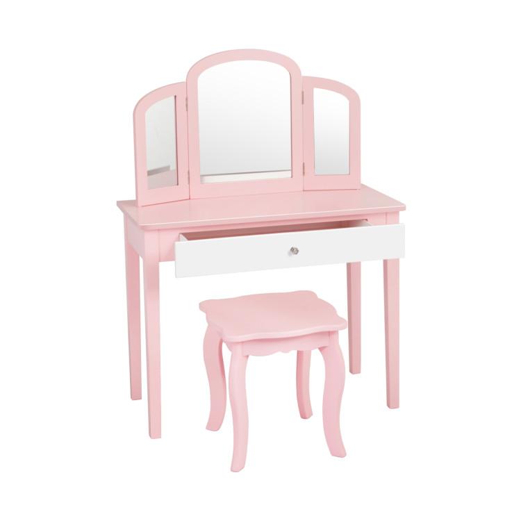 Toddler & Kids Room |  Kids Princess Make-Up Dressing Table with Tri-folding Mirror and Chair Pink Furniture Pink