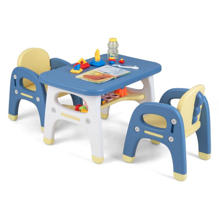 Toddler & Kids Room |  Kids Table and 2 Chairs Set with Storage Shelf and Building Blocks Blue Furniture Blue