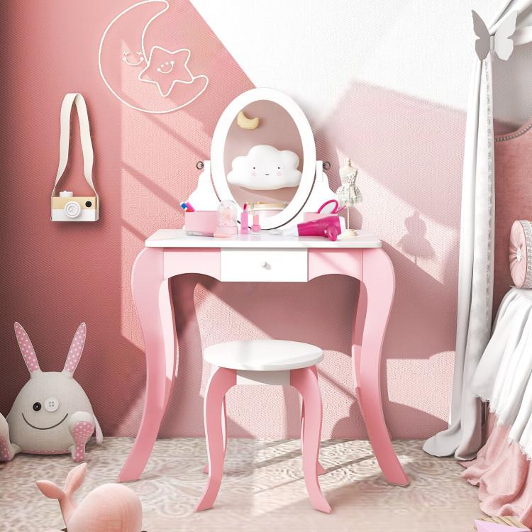 Toddler & Kids Room |  Pretend Kids Vanity Set with 360° Rotatable Mirror and Play Accessories Furniture Toddler & Kids Room