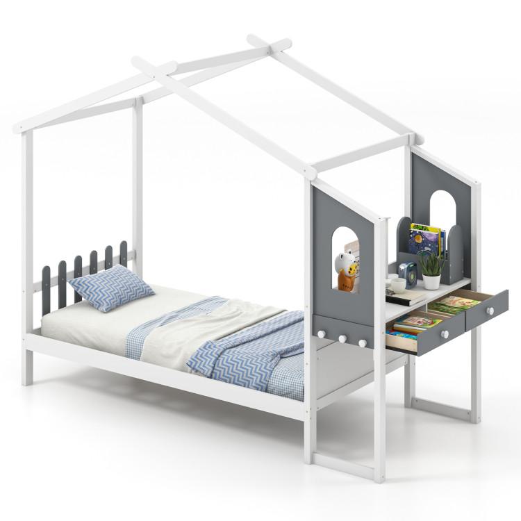 Toddler & Kids Room |  Twin/Full Bed Frame with House Roof Canopy and Fence for Kids Furniture Toddler & Kids Room